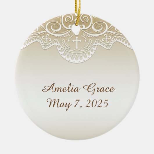 レース、宗教十字との金ゴールド セラミックオーナメント (正面)
