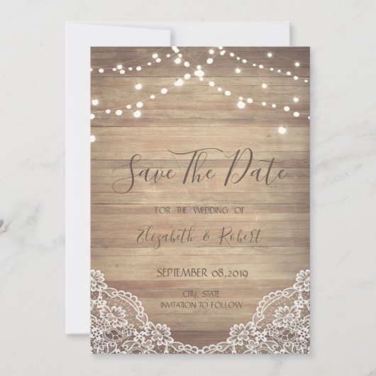 レース、木のテクスチャ、ストリングライト日付を保存 セーブザデート (正面)