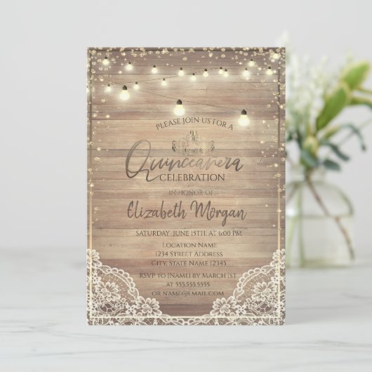 レース、素朴ティアラ、ライト、ウッドダイアモンズキンセアニラ 招待状 (スタンド正面)