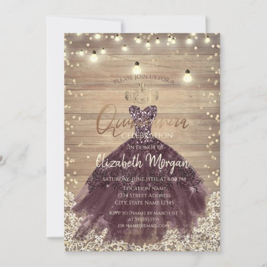 レース、素朴ティアラ、ライト、ドレス、ウッドキンセアニラ 招待状 (正面)