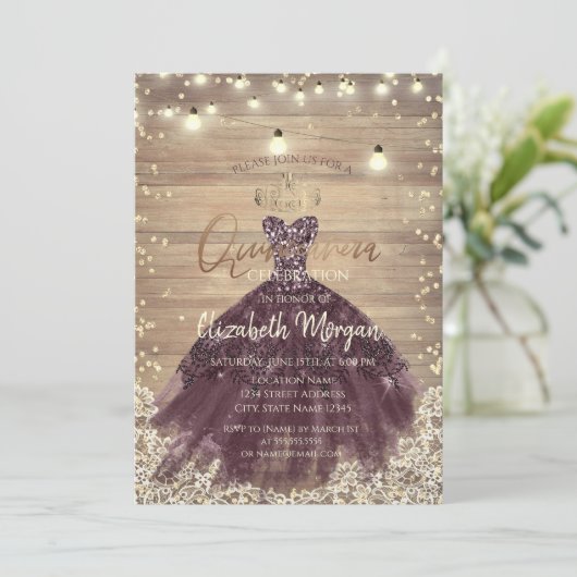 レース、素朴ティアラ、ライト、ドレス、ウッドキンセアニラ 招待状 (スタンド正面)