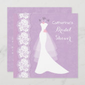 レース, 紫のウェディングシャワー招待状のウェディングドレス 招待状 (正面/裏面)