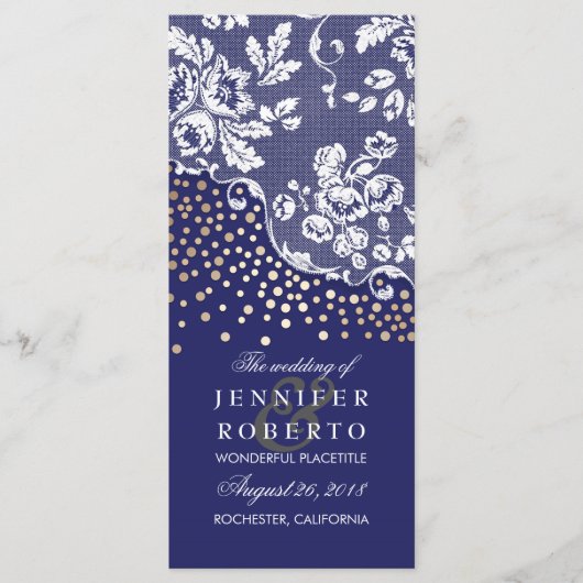 レース/金ゴールド紙吹雪ネイビーヴィンテージウェディングプログラム プログラム (正面)