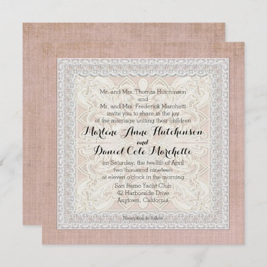 レースwエイジ素朴ドヴィンテージリネンカントリーエレガンス 招待状 (正面/裏面)