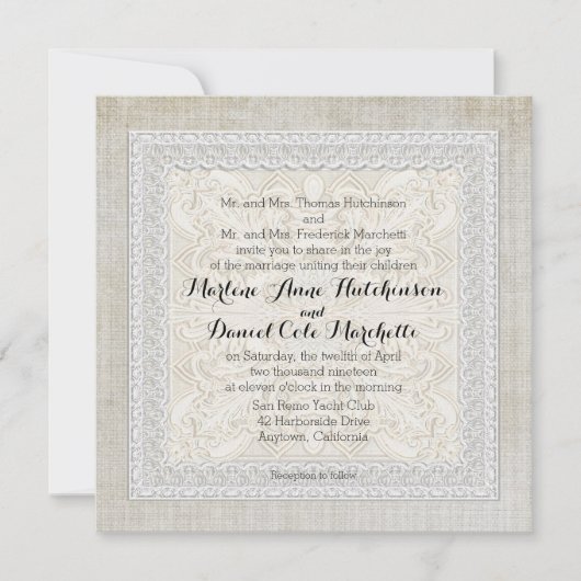 レースwエイジ素朴ドヴィンテージリネンカントリーエレガンス 招待状 (正面)