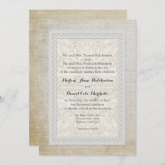 レースwエイジ素朴ドヴィンテージリネンカントリーエレガンス 招待状 (正面/裏面)