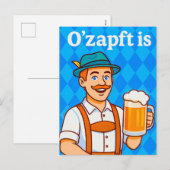 レーダーホーゼンを着た漫画のウェイターとビール シーズンポストカード (正面/裏面)
