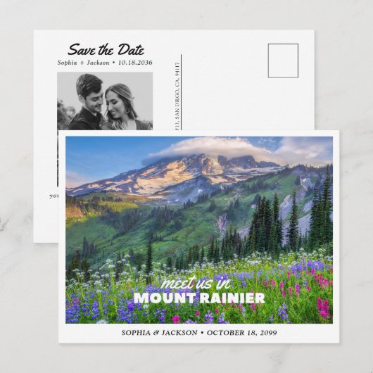 レーニア山での結婚式週末のSave the Date ポストカード (正面/裏面)