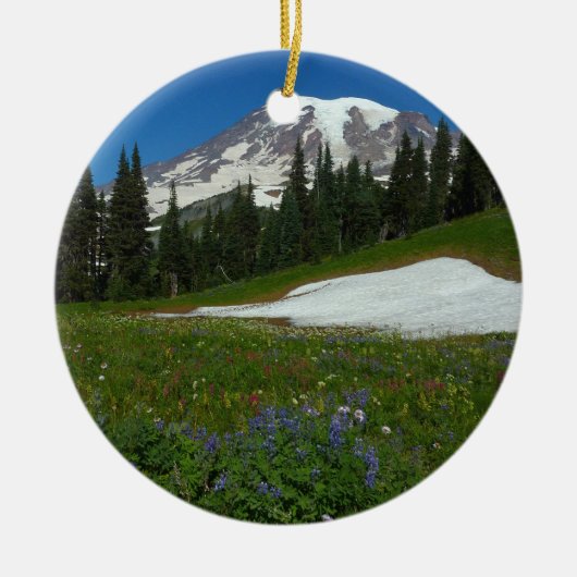 レーニア山の高山植物と雪 セラミックオーナメント (正面)
