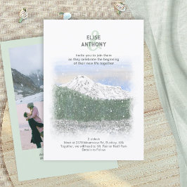 レーニア山、雪が降るウィンターグリーンウェディング 招待状