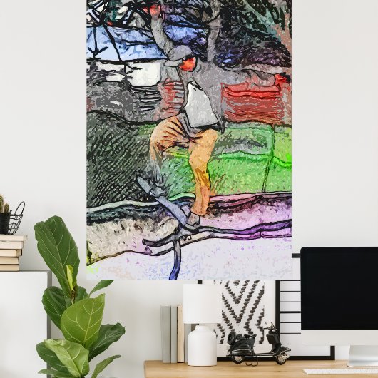 レールに乗る – 漫画スケートボーダーデザイン ポスター (ホームオフィス)