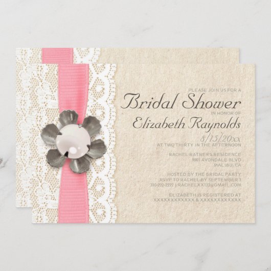 レー素朴スと真珠のブライダルシャワー招待状 招待状 (正面/裏面)