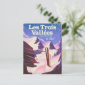 レ・トロワ・ヴァレ（Les Trois Vallées）スキー旅行ポスター ポストカード (スタンド正面)