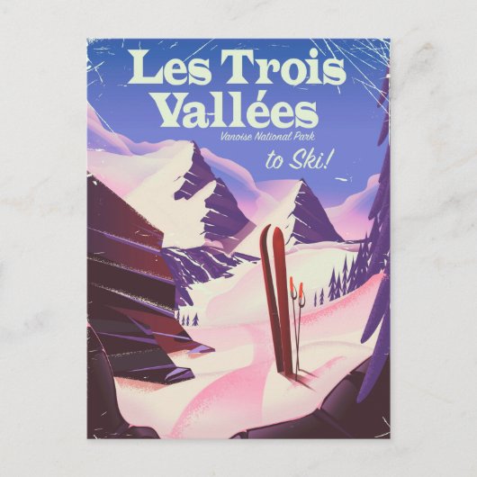 レ・トロワ・ヴァレ（Les Trois Vallées）スキー旅行ポスター ポストカード (正面)