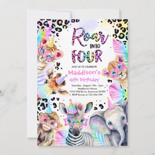 ロアインフォーサファリピンクガールヒョウ誕生日 招待状 (正面)