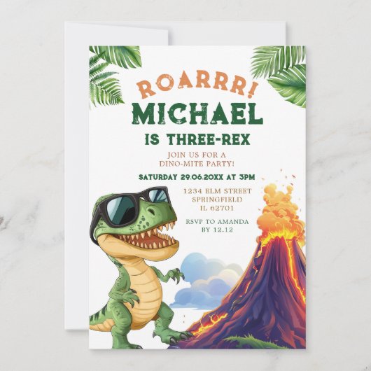 ロアボーイ三レックス恐竜の火山の三番目の誕生日 招待状 (正面)