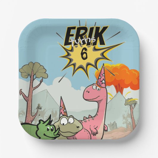 ロアルソームDino誕生日、かわいい漫画Dino ペーパープレート (正面)
