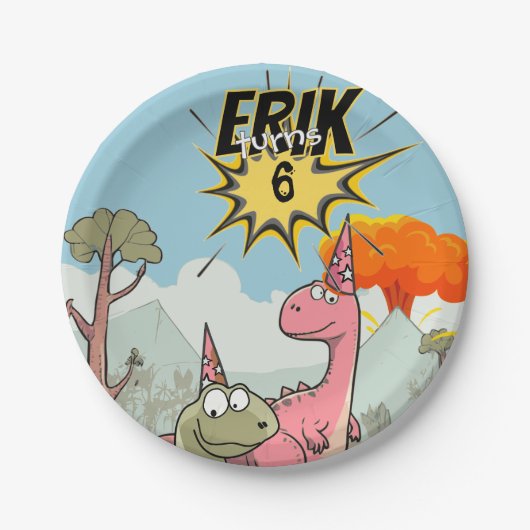 ロアルソームDino誕生日、かわいい漫画Dino ペーパープレート (正面)