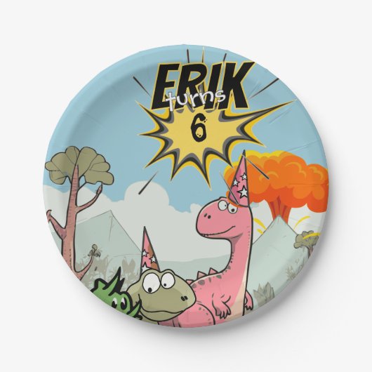 ロアルソームDino誕生日、かわいい漫画Dino ペーパープレート (正面)
