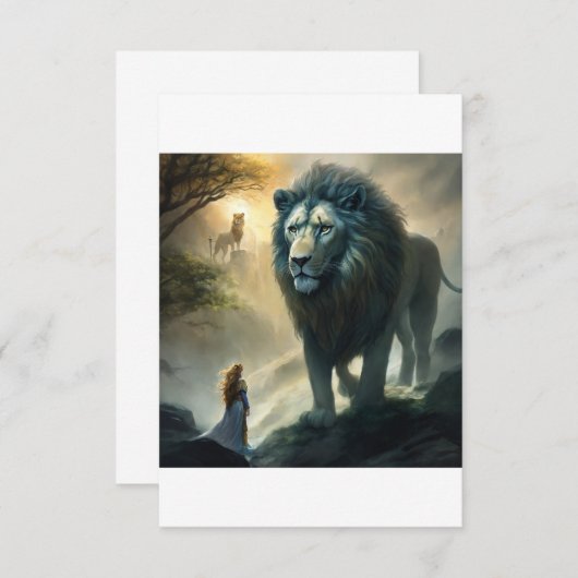 ロア威厳のあるー:ライオンとガーディアンをテーマにした招待状 サンキューカード (正面/裏面)