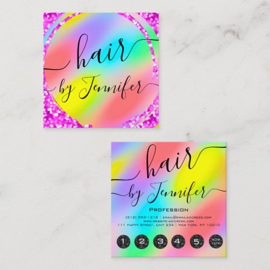 ロイアリティ6パンチヘアラッシュメイクアップレインボーピンク スクエア名刺 (正面/裏面)