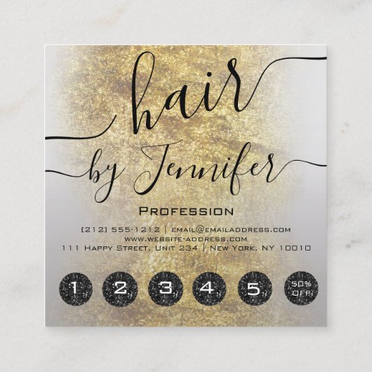 ロイアリティ6パンチヘアラッシュメイクアップ金ゴールドグレー スクエア名刺 (裏面)