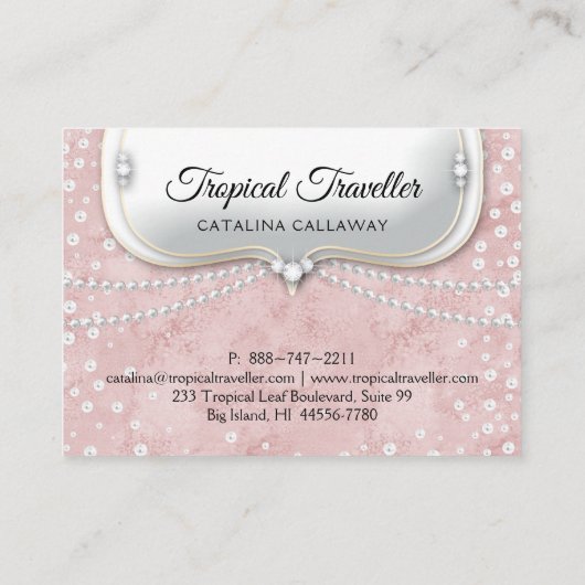 ロイヤリティはピンクのスエードの化粧の宝石類を真珠で飾ります 名刺 (裏面)