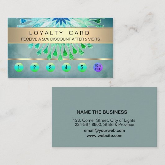 ロイヤリティカードヨガマッサージティール（緑がかった色）ヴィンテージロータス ロイヤリティカード (正面/裏面)