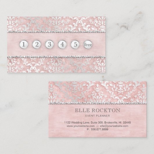 ロイヤリティカード青いピンクの微光のダマスク織の銀 名刺 (正面/裏面)