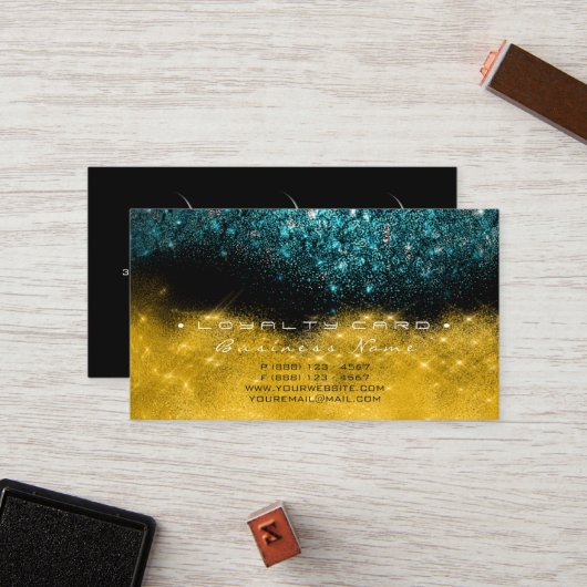 ロイヤリティカード6美しいサロンティール（緑がかった色）ブルー金ゴールドグリッター ロイヤリティカード (正面/裏面インサイチュ)