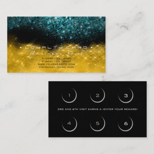 ロイヤリティカード6美しいサロンティール（緑がかった色）ブルー金ゴールドグリッター ロイヤリティカード (正面/裏面)