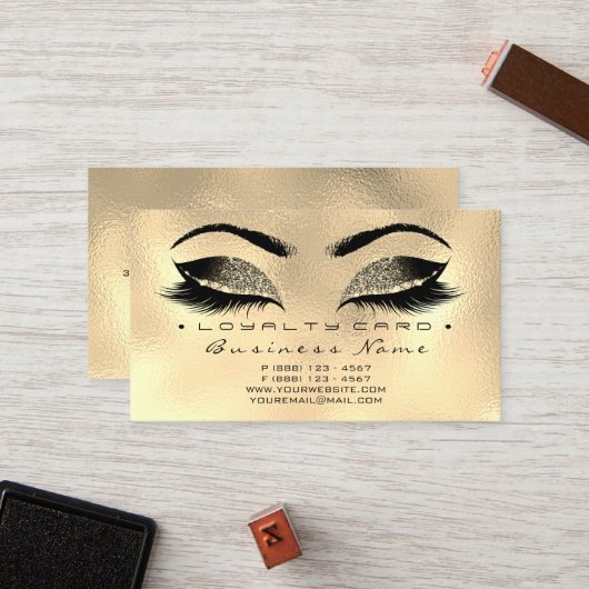 ロイヤリティカード6美しいサロンラッシュ金ゴールドワックスブラウンズ ロイヤリティカード (正面/裏面インサイチュ)