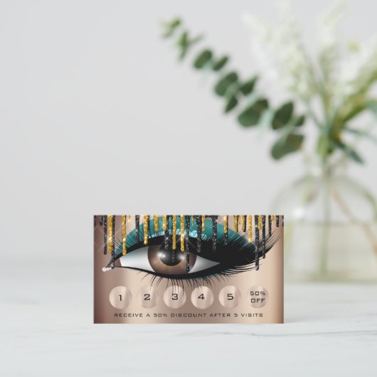 ロイヤリティ6メイクアップまつげ金ゴールドティール(緑がかった色)ドリップ 名刺 (スタンド正面)