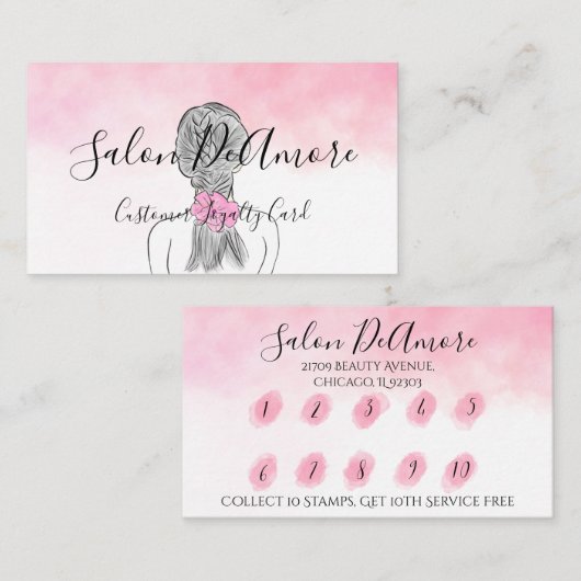 ロイヤリティ/スタンプカードガール(三つ編みピンクの水彩) 名刺 (正面/裏面)