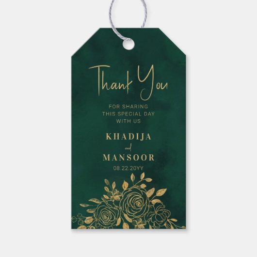 ロイヤルエメラルドグリーンゴールドフラワーウェディングサンクス ギフトタグ (正面)