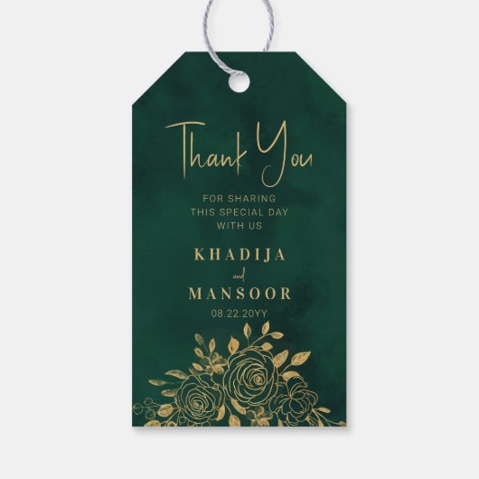 ロイヤルエメラルドグリーンゴールドフラワーウェディングサンクス ギフトタグ (裏面)