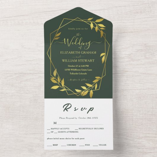 ロイヤルグリーン ボタニカル エレガント ジオメトリック ウェディング オールインワン招待状 (内側)