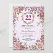 ロイヤルゴールドの花とハチドリの22歳の誕生日パーティー 招待状 (正面)
