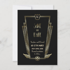 ロイヤルゴールド ブラック アートデコ モノグラム Save The Date 招待状
