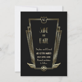 ロイヤルゴールド ブラック アートデコ モノグラム Save The Date 招待状