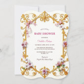 ロイヤルゴールド ロココピンク フラワー ガール ベビーシャワー 招待状 (正面)