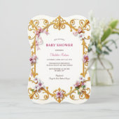 ロイヤルゴールド ロココピンク フラワー ガール ベビーシャワー 招待状 (スタンド正面)