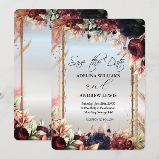 ロイヤルシルバーフラワー ローズ, ゴールドフレーム 招待状 (正面/裏面)