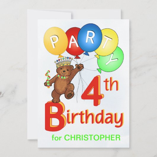 ロイヤルテディベア 4歳の誕生日パーティー 招待状 (正面)