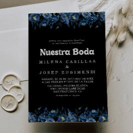 ロイヤルネイビーブルーの花のNuestra+Bodaウェディング 招待状