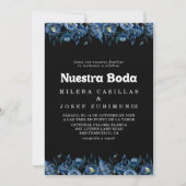 ロイヤルネイビーブルーの花のNuestra+Bodaウェディング 招待状 (正面)