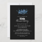 ロイヤルネイビーブルーの花柄50回目の結婚記念日 招待状 (正面)