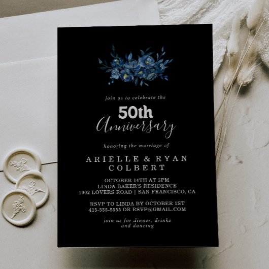 ロイヤルネイビーブルーの花柄50回目の結婚記念日 招待状