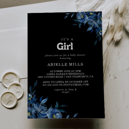 ロイヤルネイビーブルーの花柄 It's A Girl ベビーシャワー 招待状