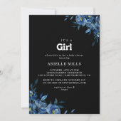 ロイヤルネイビーブルーの花柄 It's A Girl ベビーシャワー 招待状 (正面)
